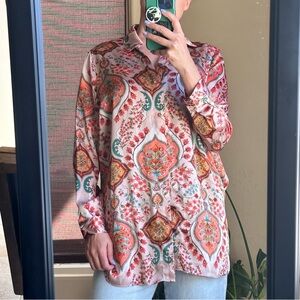Dress Forum Boho Paisley Satin Button Down Blouse in Peach, Coral and Teal